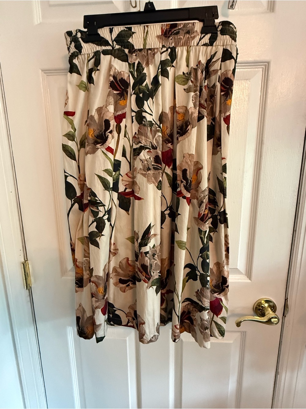 Zara Cream Floral Midi Skirt with Green and Red Accents